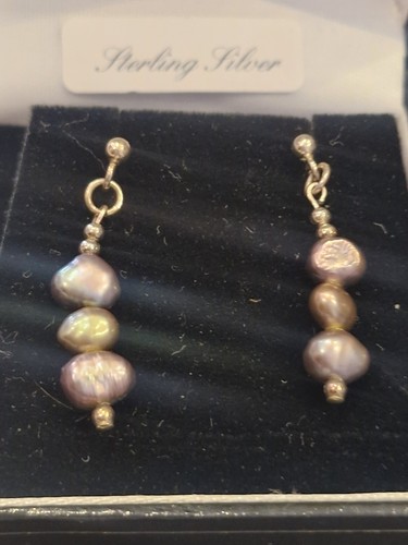 triple freshwater pearl drop earrings Sterling Silver 925 Butterfly Backs