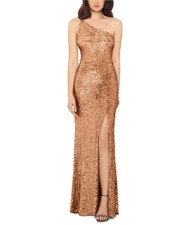 XSCAPE Womens Sequined Slit One Shoulder A-line Dress, gold, 10
