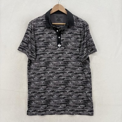 Pins & Aces Golf Polo Shirt Mens Medium Gray Come And Take It Graphic Gun Print