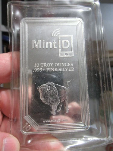 10 Oz. Fine Silver 0.999+ Bar, Mint ID, Buffalo, Silver Investment