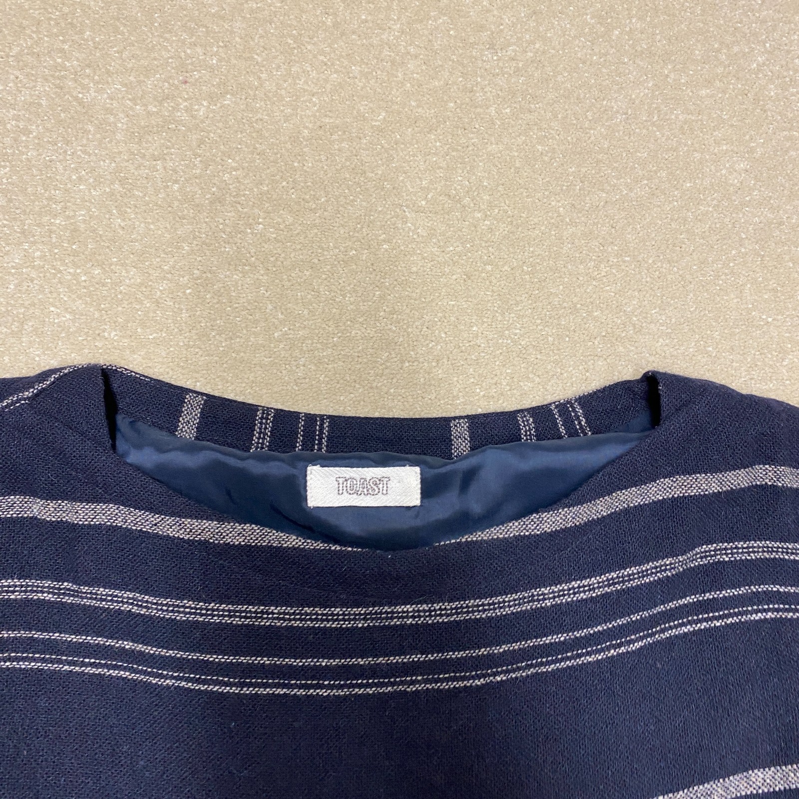 Toast Midi Dress UK 14 Navy Blue Ecru Stripe Wool Gauze Moroccan Boat Neck