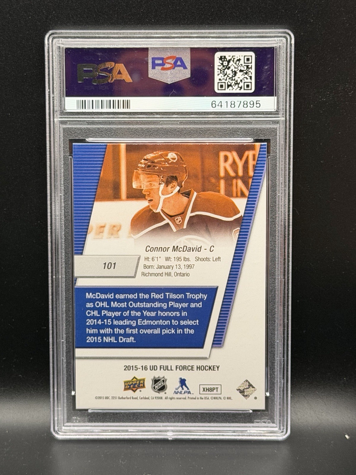 Connor McDavid 2015-16 Upper Deck Full Force Freshman Rookie #101 PSA 9 Mint view 6