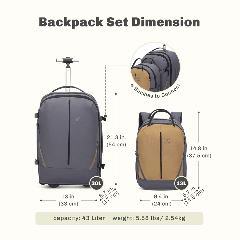 Hynes Eagle Modular 2-in-1 Set Rolling Backpack Daypack Travel Carry-On Luggage - Image 3 of 4