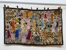 Vintage Gorgeous Kashmiri Chain Stitch Hand Wool Embroidered Pictorial Tapestry
