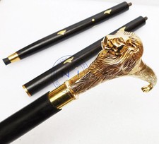 36'' Antique Brass Lion Head Handle Vintage Designer Wooden Walking Stick Cane