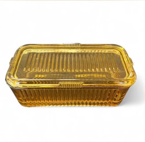 VINTAGE REFRIGERATOR RIBBED STORAGE BOX FEDERAL AMBER GLASS WITH LID 8"x4"x3"