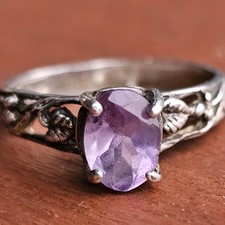 Vintage 925 Sterling Silver Amethyst Ring Size 6 Leaf Motif 2g Purple Gemstone