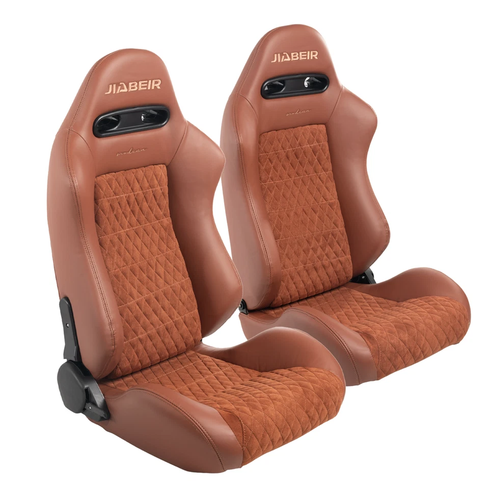 For Porsche Pair Reclinable Racing Seats w/ Adjustable Slider Brown PVC Leather - Image 2 of 4