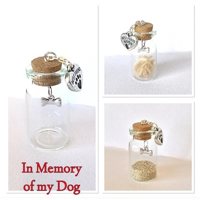 HANDCRAFTED Pet dog memorial urn. A mini glass jar for snippet of fur/ashes of beloved Pet