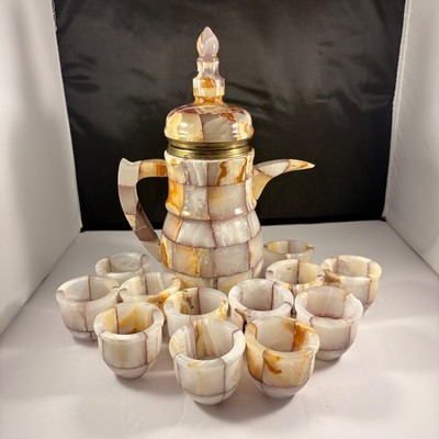 Vintage Onyx Stone Tea Set Coffee Pot & 12 Cups Mid Century Marble Mosaic