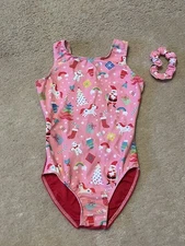 Destira Christmas Leotard Girls Size Medium Pink Red Gymnastics Santa Unicorn
