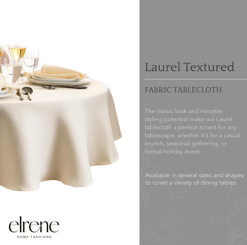 ELRENE IVORY LAUREL SOLID TEXTURE STAIN PROOF POLYESTER TABLECLOTH 90"ROUND NEW - Image 2 of 4