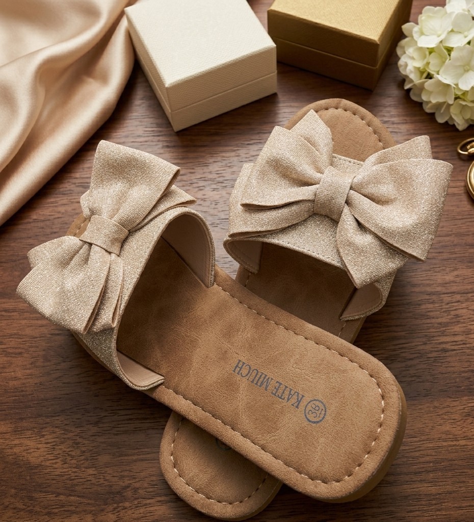 Women’s Beige Bow Sandals Size 36 Flat Slip On Casual Summer Shoes