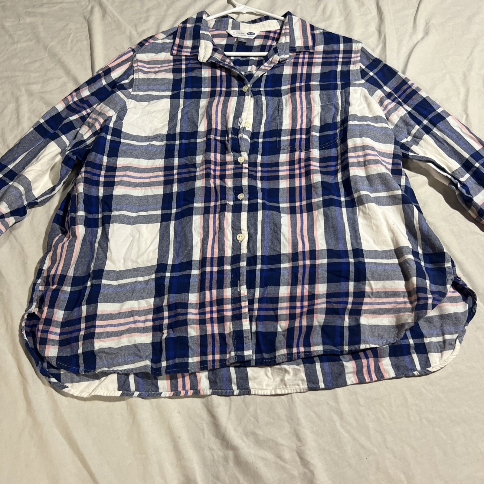 Old Navy The Classic Shirt Women’s XXL Blue Pink White Plaid Button Up Cotton