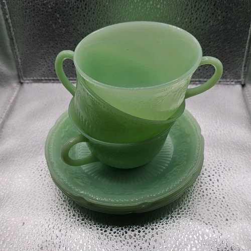 Set of 3 Vintage Fire King Jadeite Alice Pattern Tea Cup and Saucer