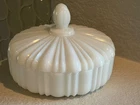 Vintage Anchor Hocking Milk Glass Round Lidded Candy Dish Old Cafe Pattern