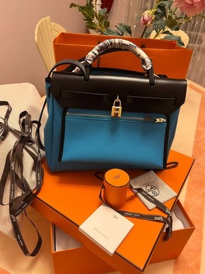   Hermès Herbag 31 Vache Hunter / Toile H Schwarz / Gentiane & Twilly Sammler  