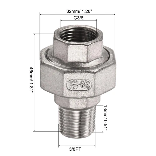 Pipe Fitting Union 3/8PT Male x G3/8 Female Thread 304 Stainless Steel Silver US - Picture 2 of 5