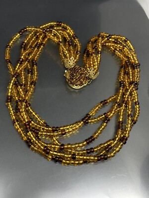 Vintage Signed Miriam Haskell Amber Tone Glass Beads Multistrand 17  Necklace