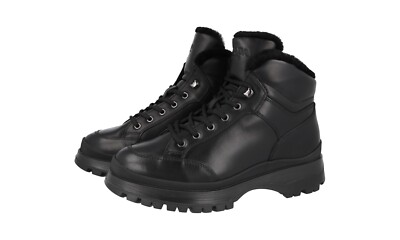 PRADA Leather BRIXXEN Shearling Boots Shoes - 2TE157 Black NEW