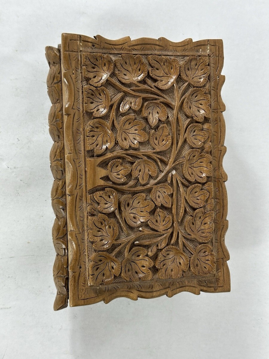 Vintage Hand Carved Teak Wood Jewelry Box with Feet 9”x6”x3.75