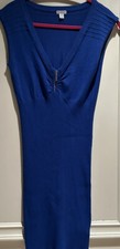 👗🔵Guess Blue Knit Bodycon dress Size P/S Front Zip Ribbed Knit EUC