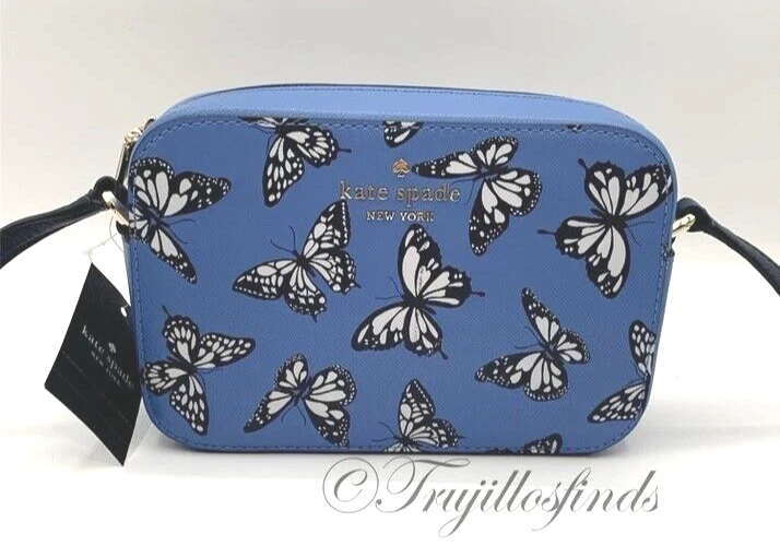 Mini borsa per fotocamera Kate Spade Staci Butterfly Sky stampata blu multi KB521 nuova