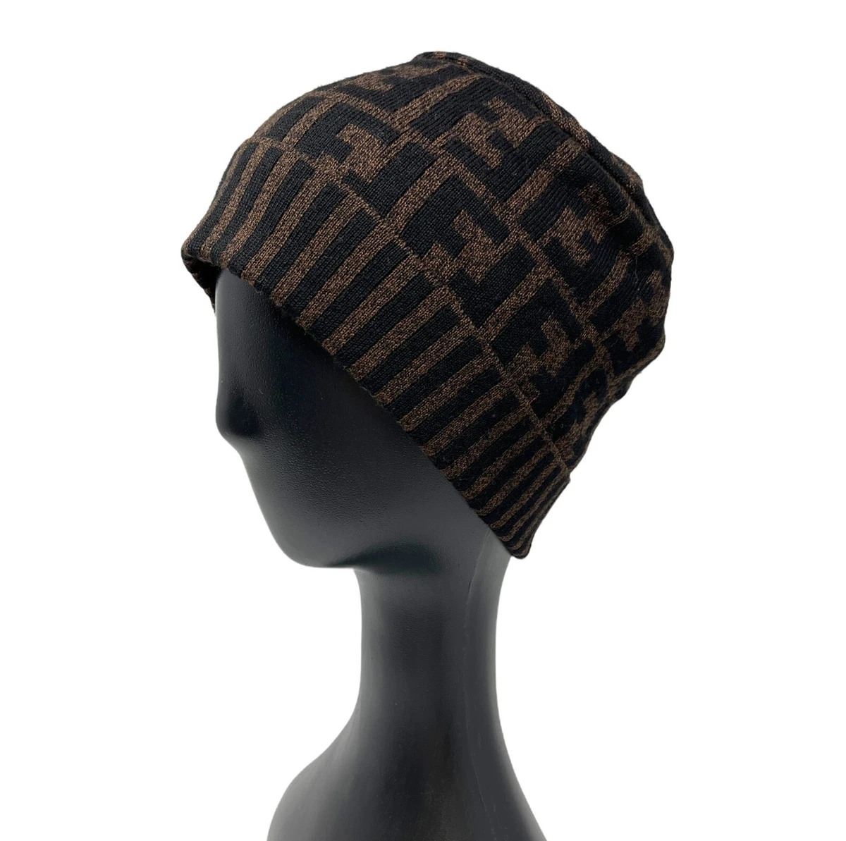 FENDI Vintage Zucca Monogram Beanie Hat #42 Knit Wool Brown Black RankA