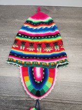 Vintage Peruvian Chullo Alpaca Beanie Toque Youth Pink Ear Flap Light Wool Blend