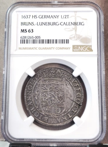 1637 GERMANY 1/2 TALER BRUNSWICK LUNEBURG CALENBURG NGC MS 63 RARE TOP POP 1