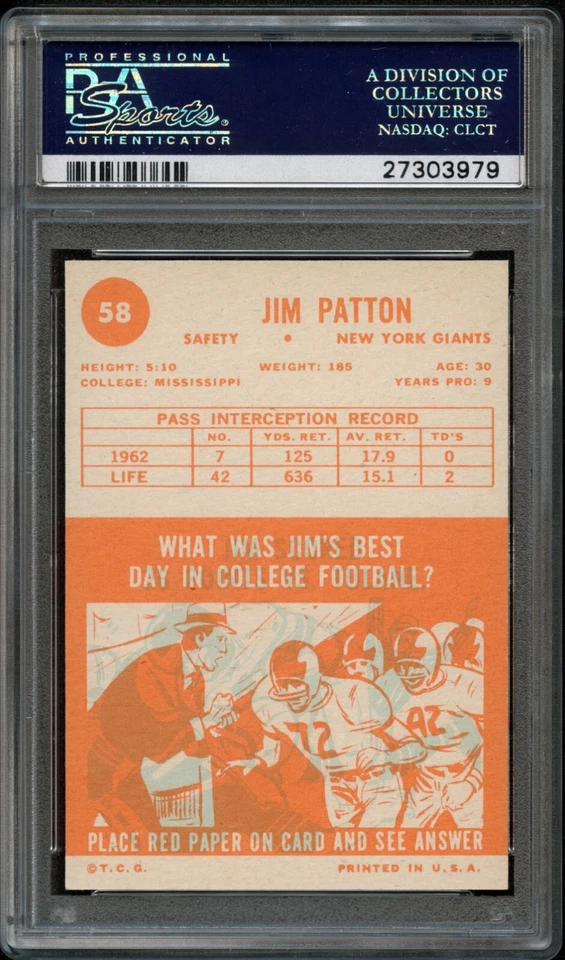 FB - 1963 Topps - #58 - Jim Patton - PSA 8 - NM-MT - Image 2 of 2