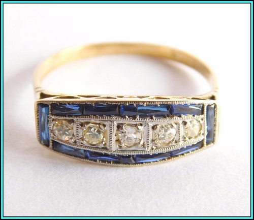 ANELLO VINTAGE ART DECO - Oro giallo e bianco 18K diamanti e zaffiri taglia 61⁄4