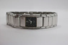 Anne Klein Diamond Tank Watch Women Silver Tone Black Dial Swiss New Battery