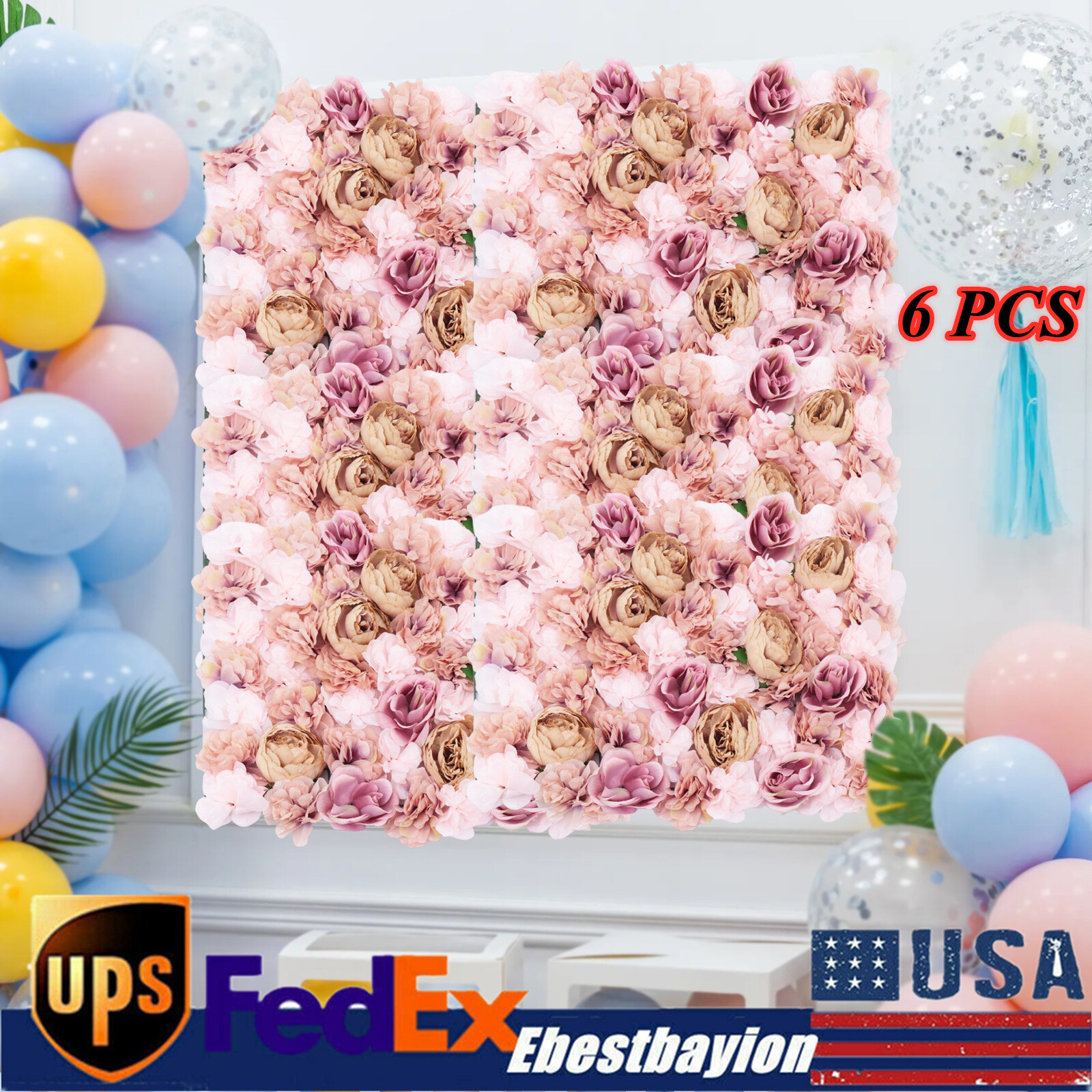 6 PCS Artificial Rose Flower Wall Panels Wedding Backdrop Party Decor 60 x40cm
