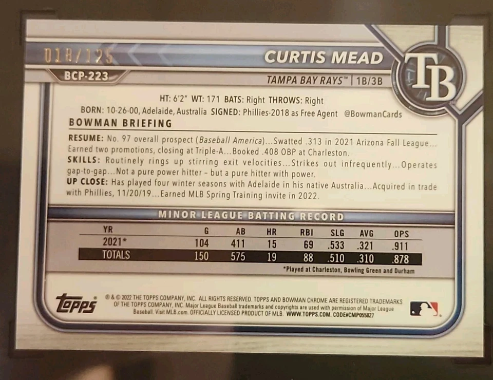 2022 Bowman Chrome Pros Aqua/Pink Vapor Ref/125 #BCP-223 Curtis Mead (RC) SGC 10 - Image 4 of 4