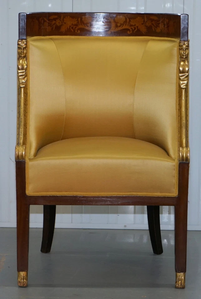 1870 FRENCH EMPIRE MARQUETRY INLAID SUITE PAIR BERGERE ARMCHAIRS & SETTEE CANAPE - Image 4 of 4