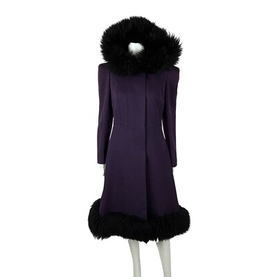 Vintage 60s Mod Coat Womens Small Purple Eggplant Black Faux Fur