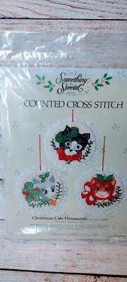 Vtg 1985 NEW 3 Cat Kitten Tabby Kitty 4'' XMas Ornaments Counted Cross Stitch Kit