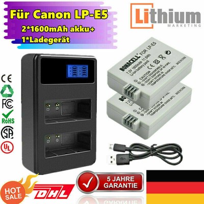 2X LP-E5 Akku + Dual Ladegerät für Canon EOS 450D 500D XSi Kiss X2 X3 1600mAh nx