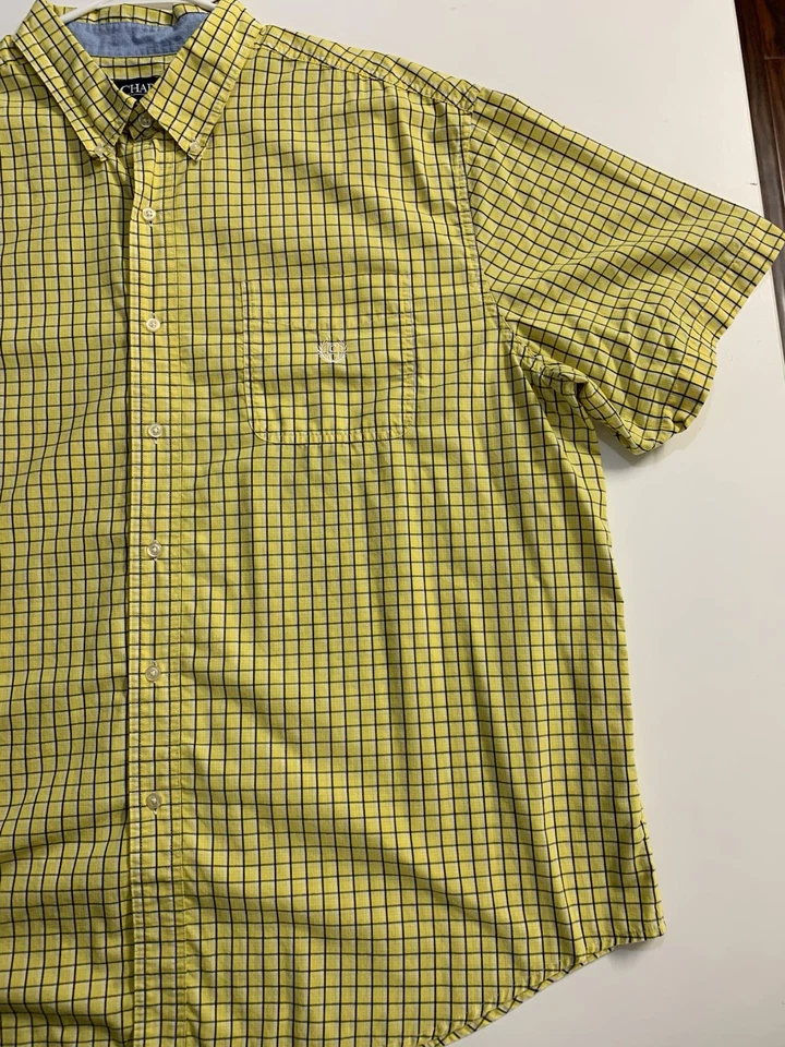 Camisa Chaps Fácil Cuidado Para Hombres 3XB Amarillo Guinga Cuadros GRANDE Abotonada Manga Corta Foto 3 de 4