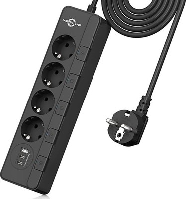 Wandsteckdose mit 4 USB-Ports, Kindersicherung, 16 A, 4000 W, Schaltbar, Schwarz