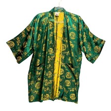 Vintage Da Hwa Green Gold Dragon Phoenix Satin Robe Kimono Jacket Lined Duster