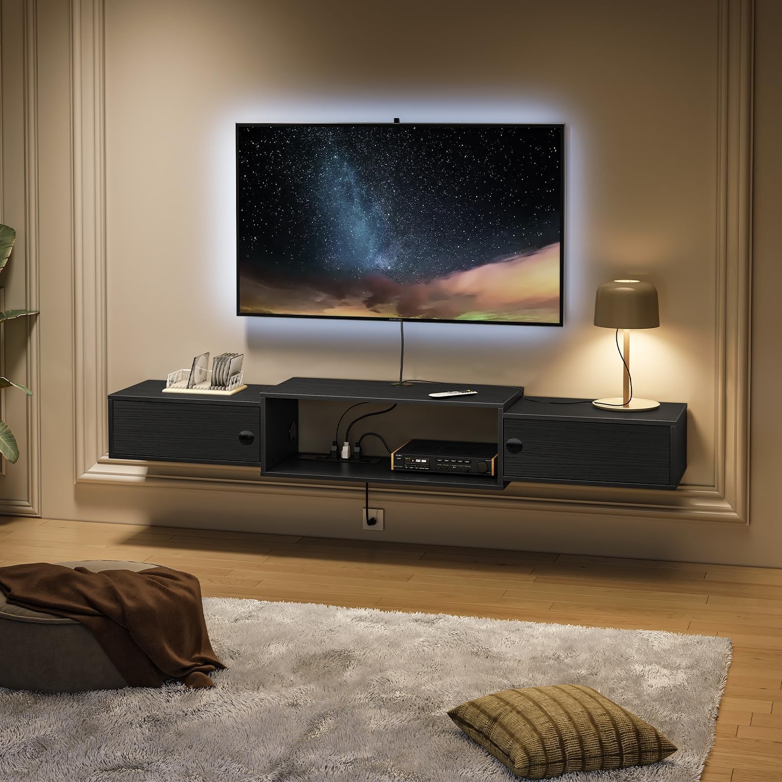 With Power Outlets, Modern Wall Mounted Media Console S...