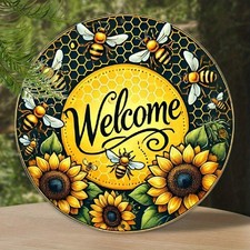 Vintage Round Aluminum Welcome Wreath Tin Metal Sign Rustic Bee 8x8