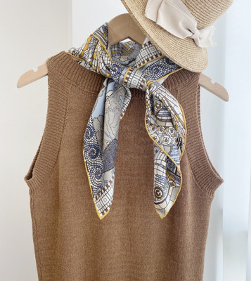 100% Mulberry Silk Shape Blue ship Print Neckerchief Scarf Bandana 65X65cm Wrap 