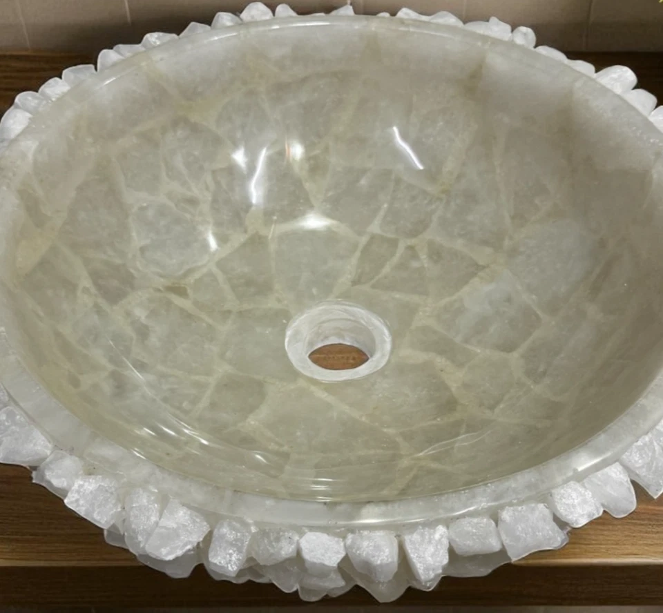 White Quartz Stone Sink Wash Basin Crystal Stunning Vanity Top Home Stylish Spa - Image 2 of 4