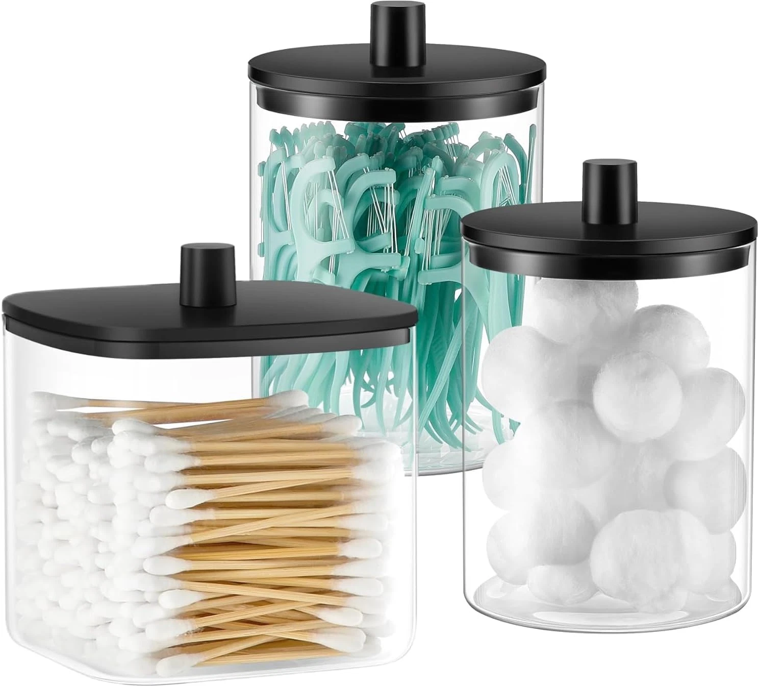 3 Pack Glass Qtip Holder Dispenser- 10 Oz Clear Canister Apothecary Jar, Bathroo