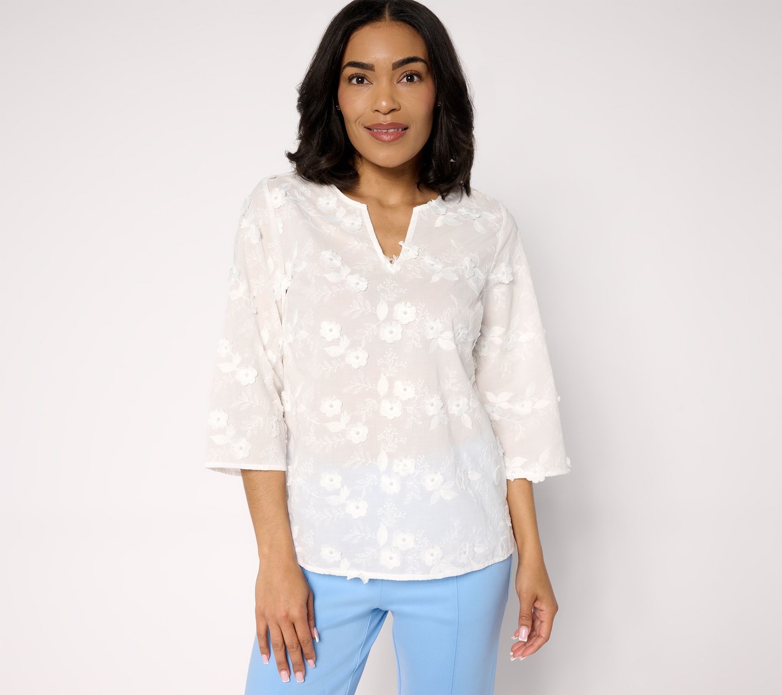 Isaac Mizrahi Live! Women's Top Sz S Embroidered Cotton Split Neck White A689458