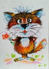 Acquerello gatto ACEO dell'autore originale 3,5"х2,5" 9x6cm non stampabile