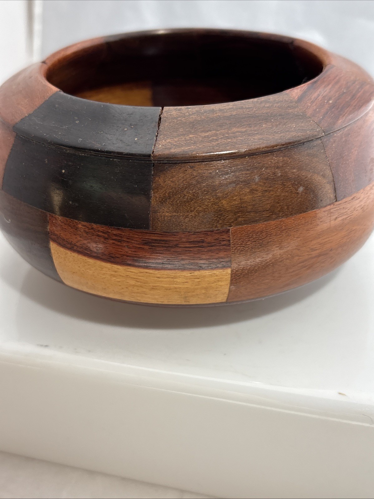 Vintage Hand Turned Lidded Wood Trinket Box Craft Marquetry 6”